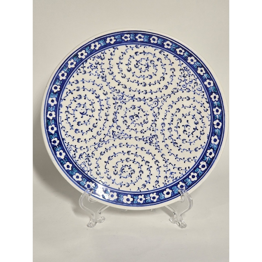 Vintage Turkish Ceramic Plate 7" Blue White Floral Hand Painted Wall Hanging Küt